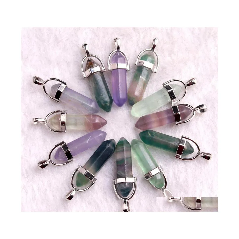 Charms BK Natural Stone Hexagonal Column Fluorite Quartz Crystal Pendant f￶r halsbandsmycken som g￶r FFSHOP2001 Drop Leverans Findin DHFTB