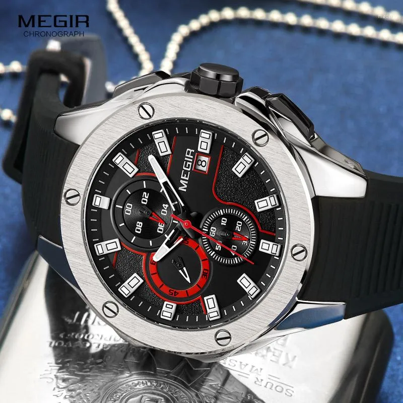 Montre-bracelets Megir Men's Sports Quartz Regches en silicone de mode Chronographe de bracele