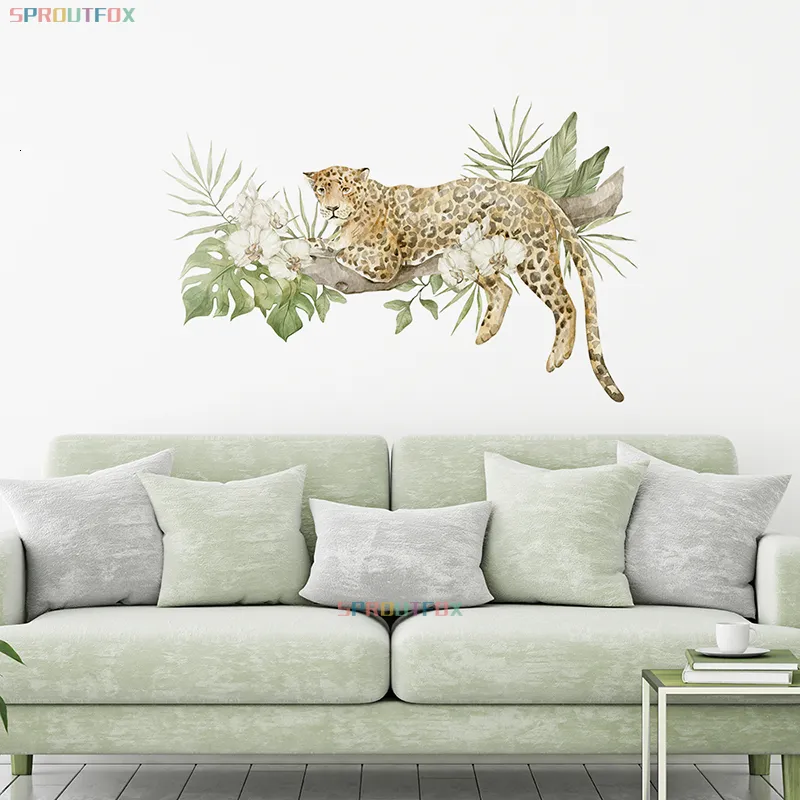 Wall Decor Cartoon Animal Leopard Stickers for Baby Kids Room Nursery Mural Decals Forest Animals Plants Home Decoration 230220
