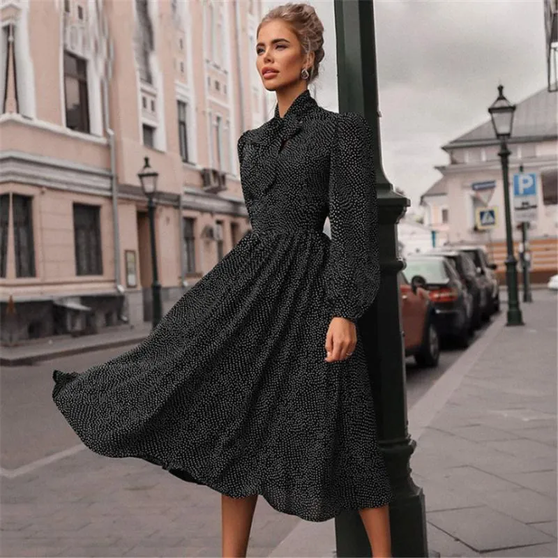 Casual Dresses La Cisne Elegant Polka Dot Dress Female Lantern Sleeve Office Bow Tie Work Long a Line Bankett