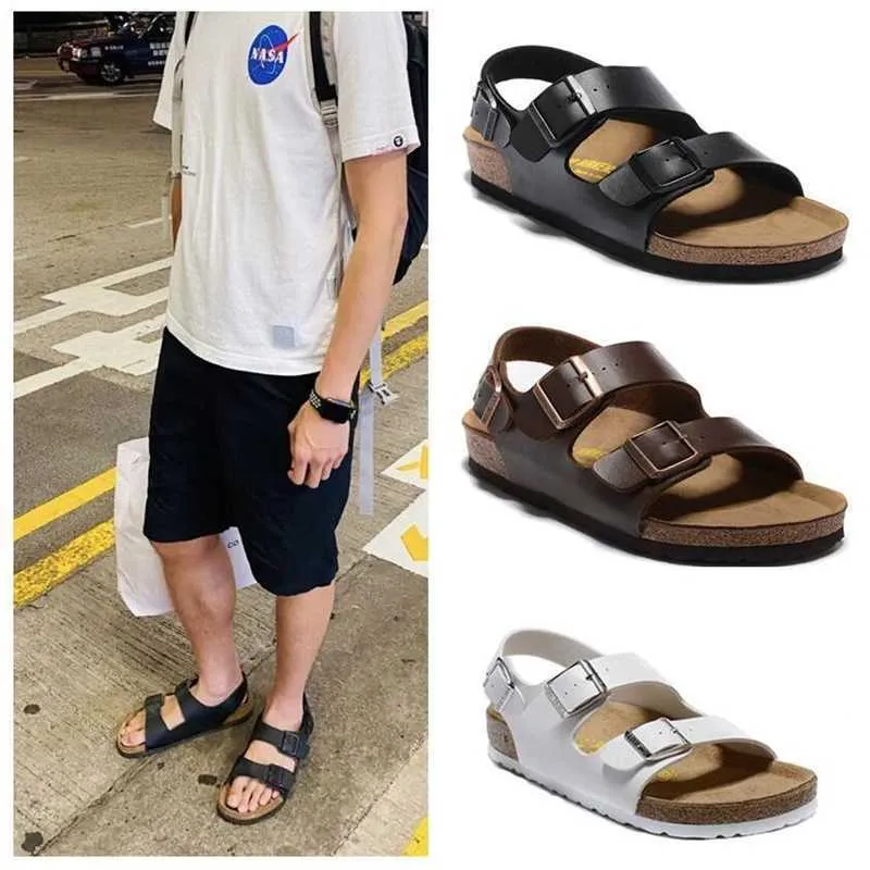 Ontwerper Birkinstock Slippers Burken Milano Cork Street Open Teen Burken Double Button Belt Buckle Sandals voor mannen en vrouwen