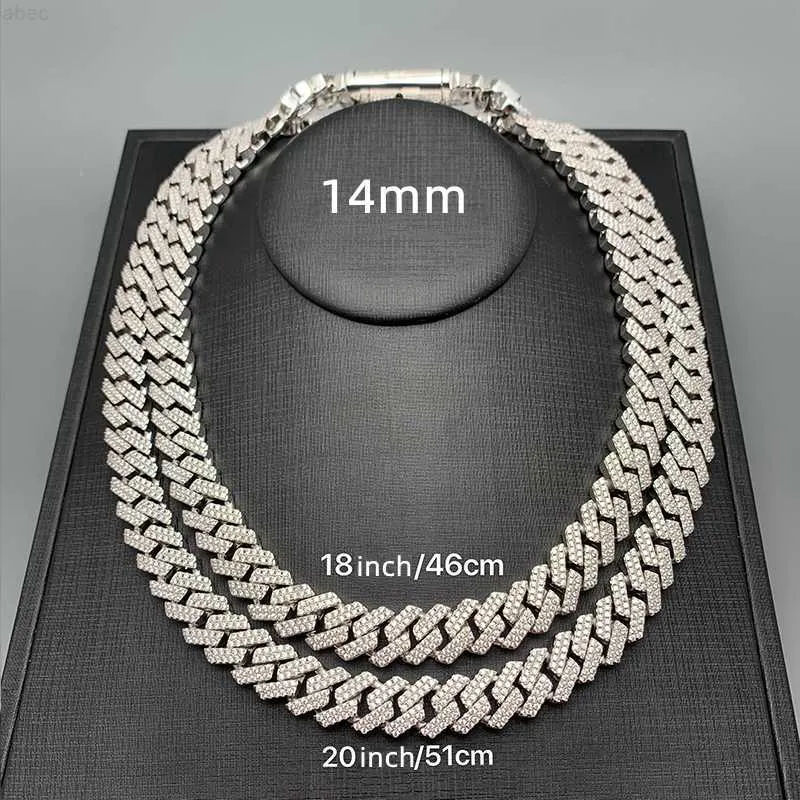 Super 14 mm 18mm 20mm 2 rader VVS Diamond Sterling Sier Handinställning Moissanite Cuban Link Chain Halsband med låda med låda