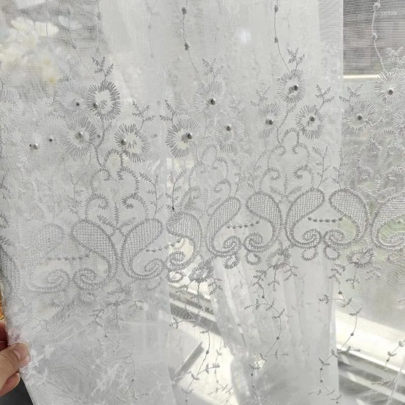 カーテンフレンチラグジュアリーホワイト3Dフェザーパール刺繍チュールカーテンビーズリビングルームの寝室の窓用の薄いボイルドレープ