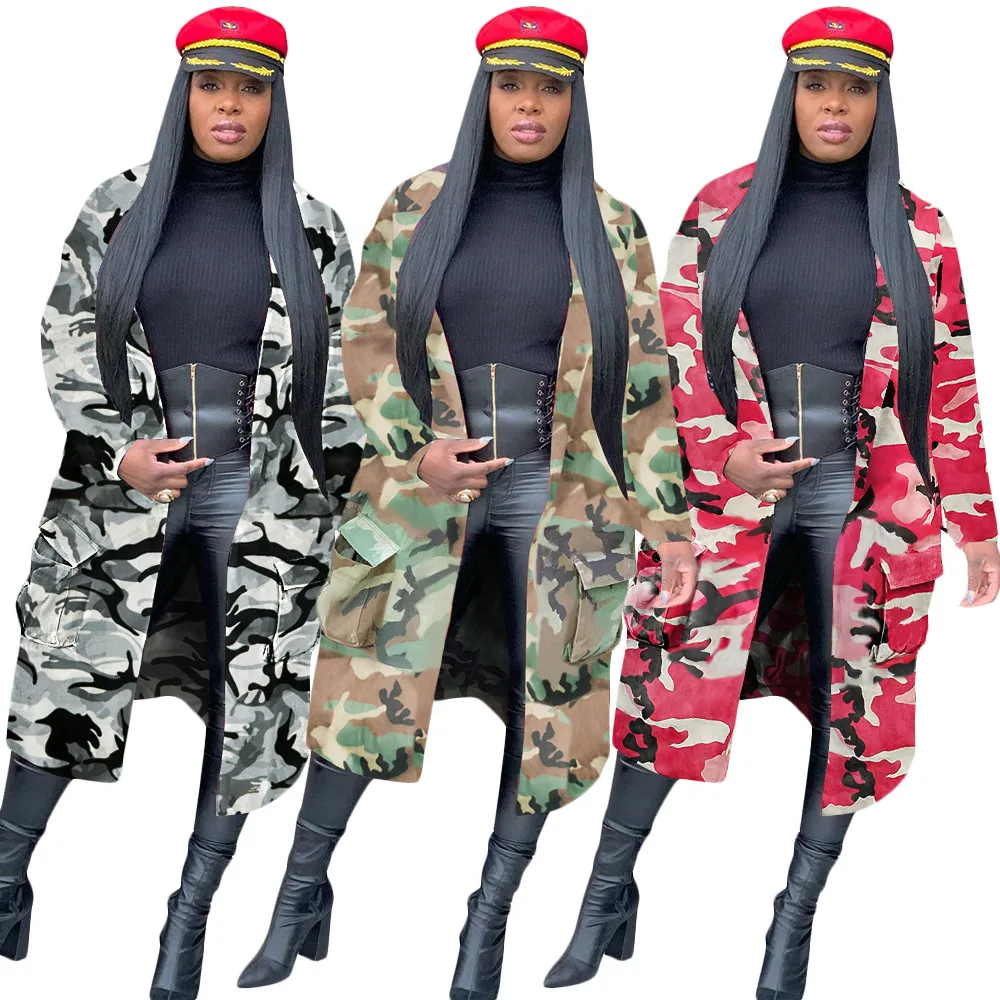 Camouflage print casual mode dames lang vest trenchcoat europese verkoop losse casual mode vrouwelijke bovenkleding