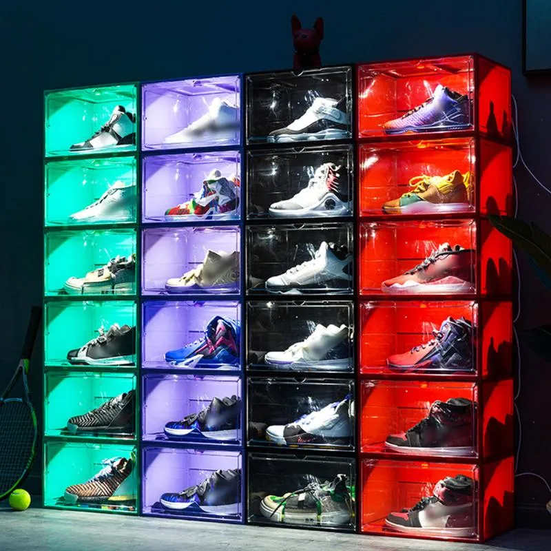 DHgate Clear Plastic Shoe Display Case Organizer with Magnetic Side Open LED Light Voice Control for Sneakers Boots Heels Sports Shoes etc. Home Garden