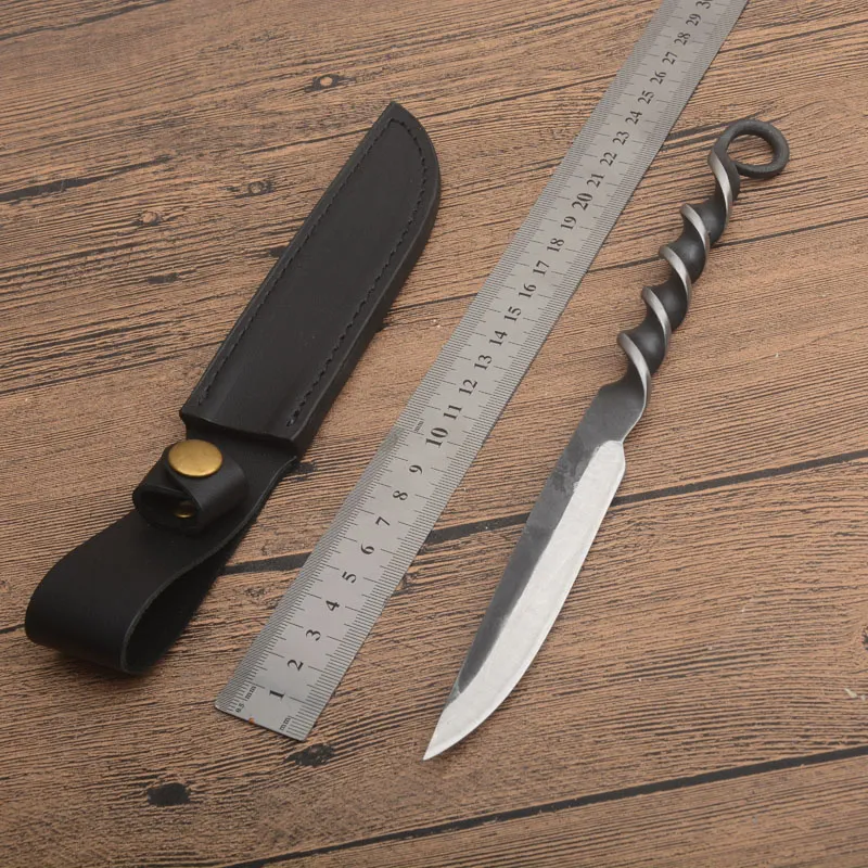 1Pcs G0225 Survival Straight Knife High Carbon Steel Satin Blade Full Tang Steel Handle Outdoor Camping Hiking Fixed Blade Knives with Leather Sheath