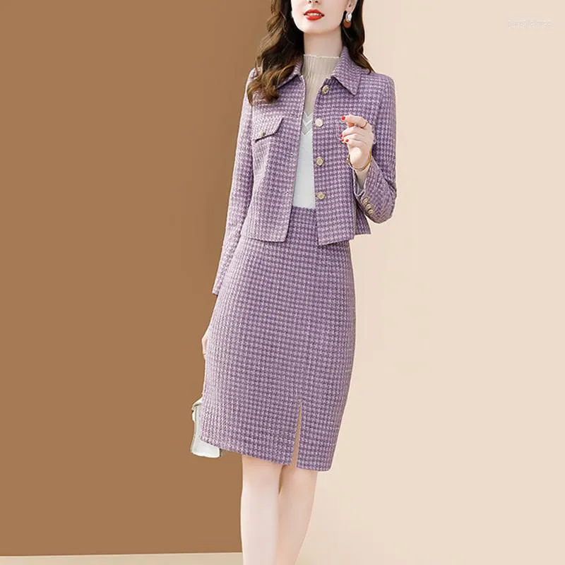 Arbetsklänningar Spring Autumn Women Two Piece Clothing Set Korean Office Lady Graceful Purple Single Button Slim Jacket Split kjolar kläder