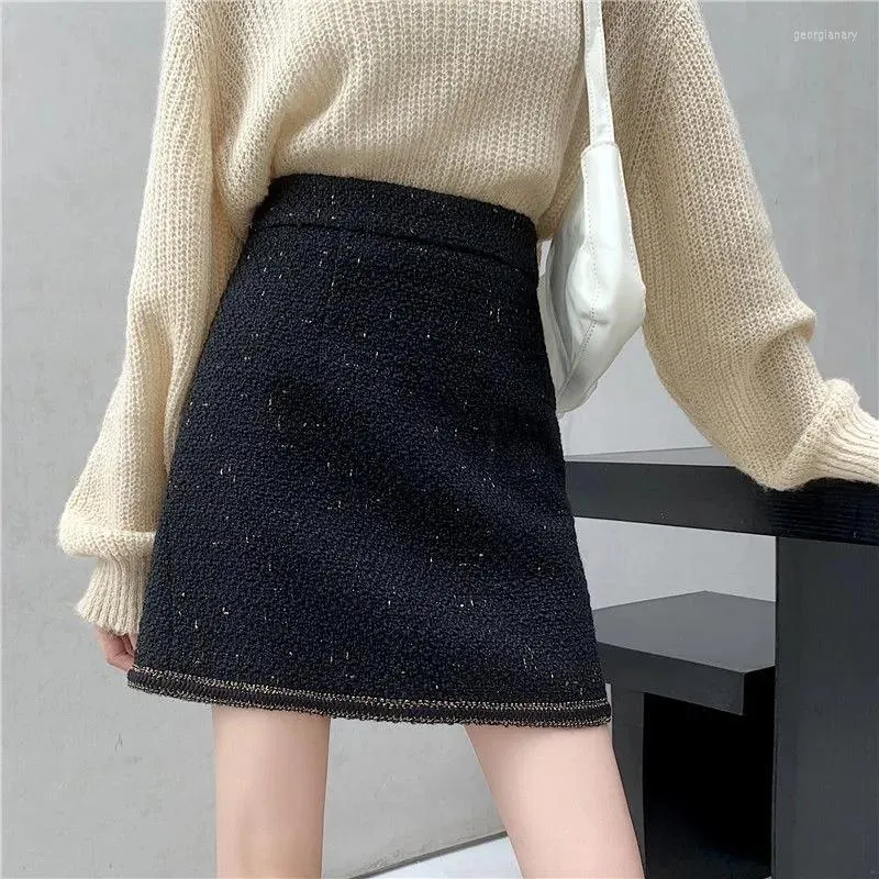 Kjolar koreansk stil mini jupe femme svart a-line kjol 2023 Autumn Winter paljetter tweed ullkvinnor faldas mujer moda moda