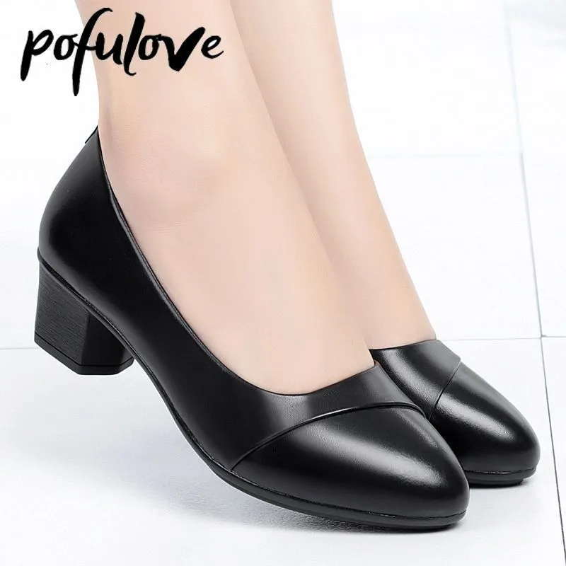 Klänningskor Pofulove Women Mid Heel Office Lady Pumps Pu Leather Black Basic Square Heeled Spring Autumn Loafers Female Zapatos 230220