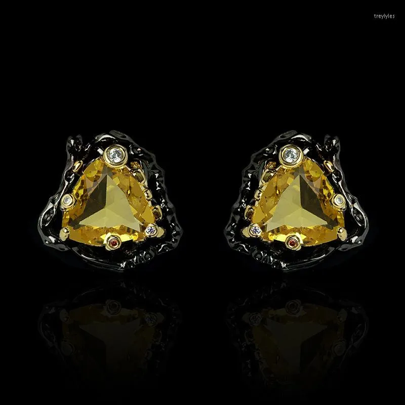 Stud Earrings CIZEVA Exquisite Vintage Black Gold Earring Triangle Citrine Ear For Women Unique 925 Stamp Banquet Party Jewelry