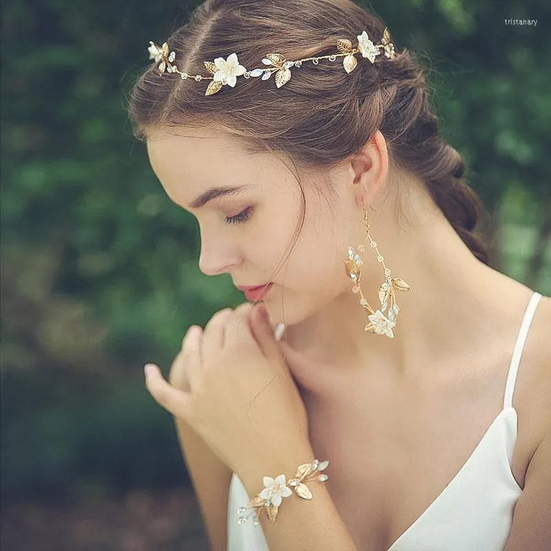 Brincos de decote Conjunto de stridridal strides de cristal opala Ceram Ceram Flores Liga de folhas de folhas Jóias de casamento Brincheta de faixa para a cabeça Mulheres