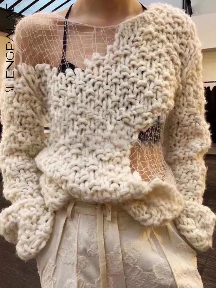 여자의 스웨터 shengpalae 패션 세련된 중공 아웃 스웨터 가을 2023 둥근 목 느슨한 긴 소매 니트 풀오버 여성 5e3541 230217