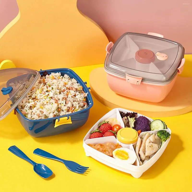 Ensembles de vaisselle Boîte à lunch à deux étages Salade portable Bento Bols de pique-nique avec fourchette cuillère 4 grilles Conteneur de vinaigrettes pour petit déjeuner pour étudiant