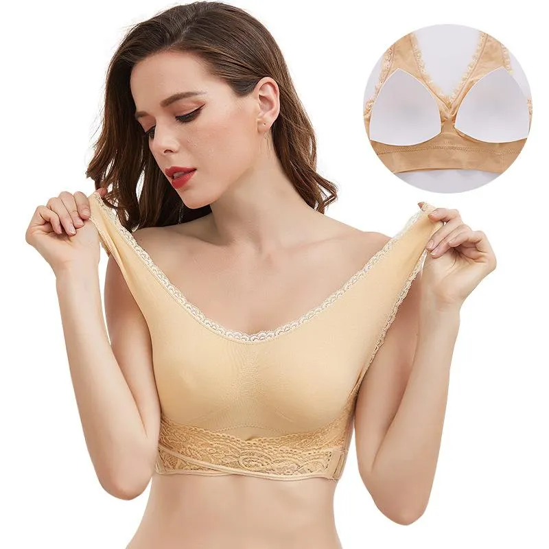 Set Of 3 Fashionable Wire Free Lace Full Cap Bras For Elderly