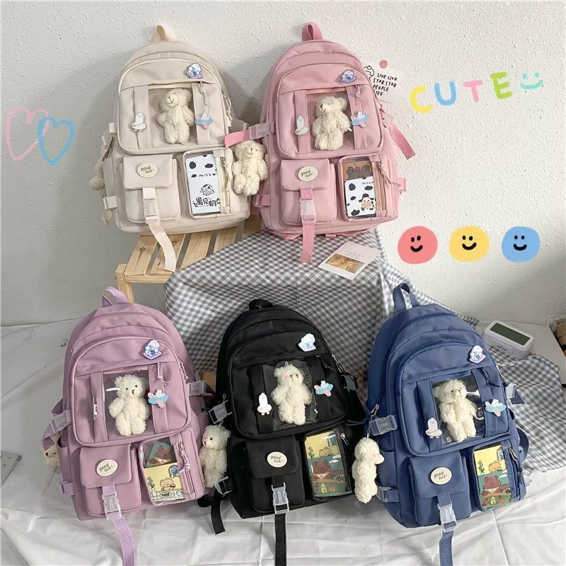 Kawaii Sac à dos avec épingle Kawaii et accessoires, grande capacité, ours  mignon, accessoires sac à dos pour école, multi-poches, sac d'école kawaii