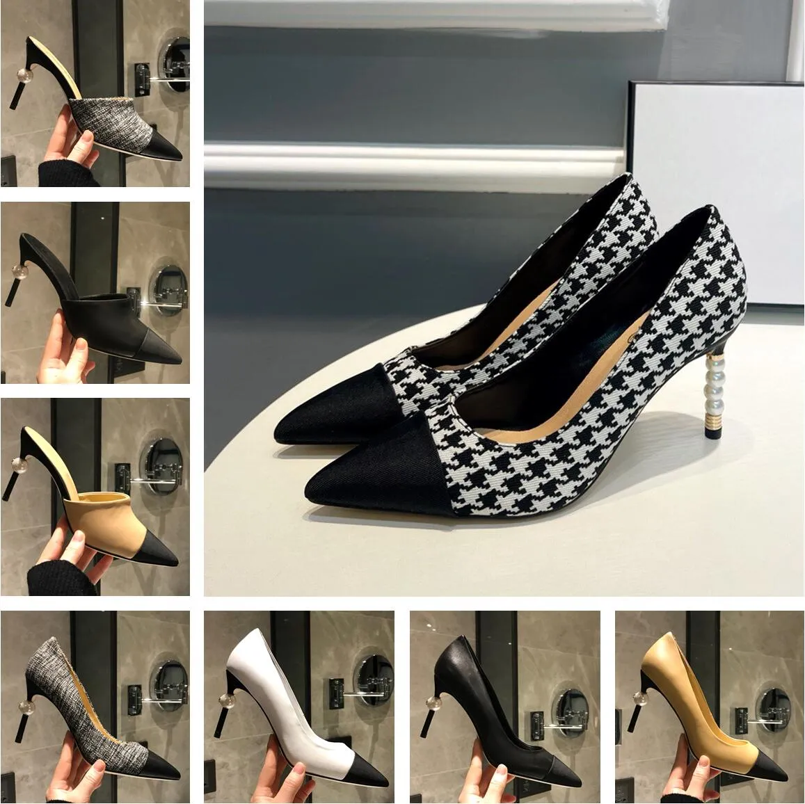 Designer donna Sandalo scarpe sexy a punta perla tacchi alti donna backless alta mezza resistenza sandalo scarpe ortografia colore festa di nozze tacchi