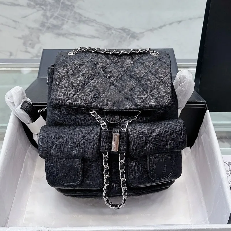 Minimochila de luxo designers titular do cartão cc canal caviar bolsa de cordão de couro corrente de prata com duas carteiras femininas sólidas designer mochila bolsa para mulheres