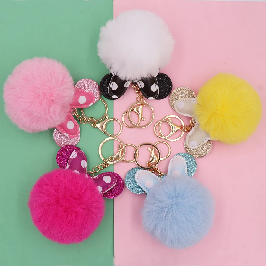 Cute Pompom Key Chains Jewelry Accessories Polka Dot Bow Mouse Design  Fluffy Faux Rabbit Fur Ball Keychains Women Girls Car School Bag Key Rings  Charm