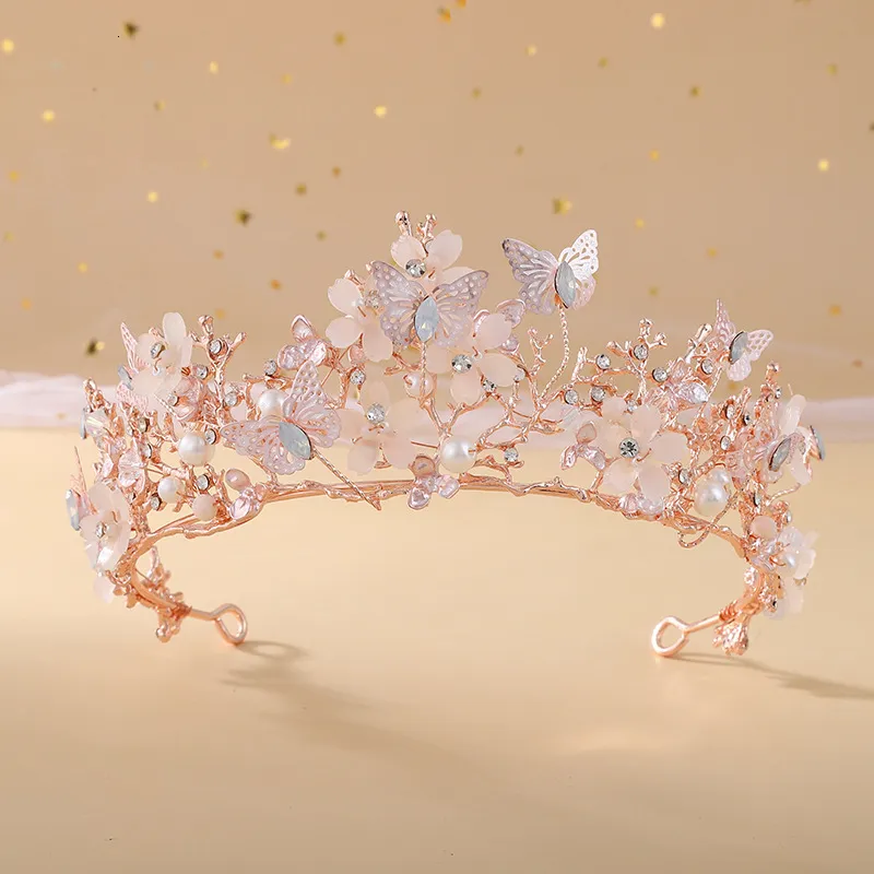 Hårtillbehör Kmvexo Bridal Crown Baroque Pearl Crown Tiara Butterfly Hairband Wedding Hair Accessories Princess Crown Bride Tiaras 230217