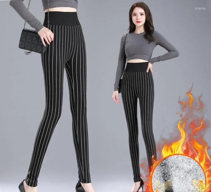 Women's Pants Leggings Woman Autumn Winter Fashion Stripes Elastic Workout Fitness High Waist Casual Plus Velvet Trousers D93