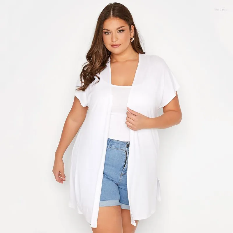 アウターウェアプラスサイズ半袖夏カジュアルカーディガンの女性サイドスリット緩んだ特大の白い着物服7xl 8xl