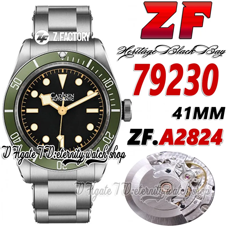 ZF ZFA79230 ETA A2824 ZF2824 Automatic Mens Watch 41 -мм стальной корпус зеленый панель черный циферблат светящиеся маркеры из нержавеющее браслет 2023 Super Version Watches Watches