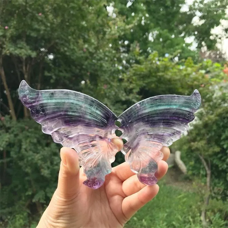 Decorative Figurines 11cm Natural Fluorite Crystal Butterfly Wings Carving Crafts Healing Gemstone Stone Gifts Home Ornament Decoration 2pcs