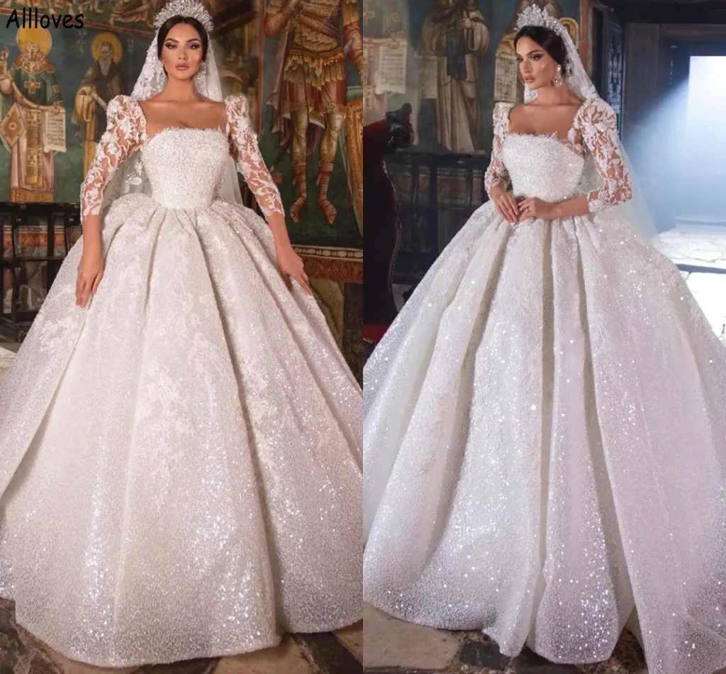 Princess Arabic Turkey Dubai Ball Gown Wedding Dresses for Women Vintage Square Neck Long Sleeves Bridal Dress Puff Sequined Lace Vestidos De Novia Plus Size