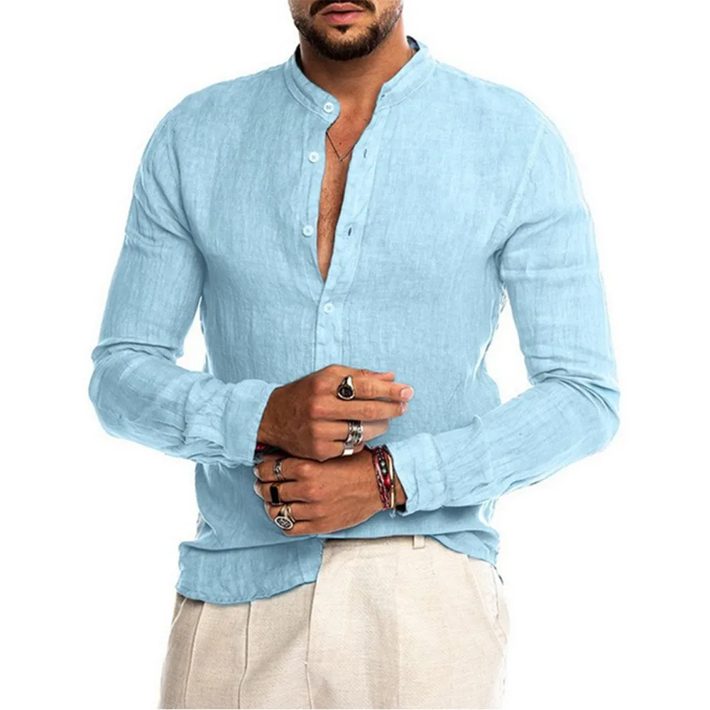 Chemises décontractées pour hommes coton lin chemises à manches longues pour hommes été couleur unie col montant décontracté Style de plage grande taille 230220