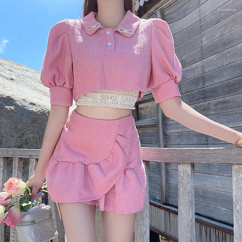 Vestidos de Trabalho Verão Estilo Fino 2 Conjunto de Duas Peças Saia Feminina Moda Coreana Manga Curta Crop Top Sexy Mini Ternos Kawaii Roupas Bonitas