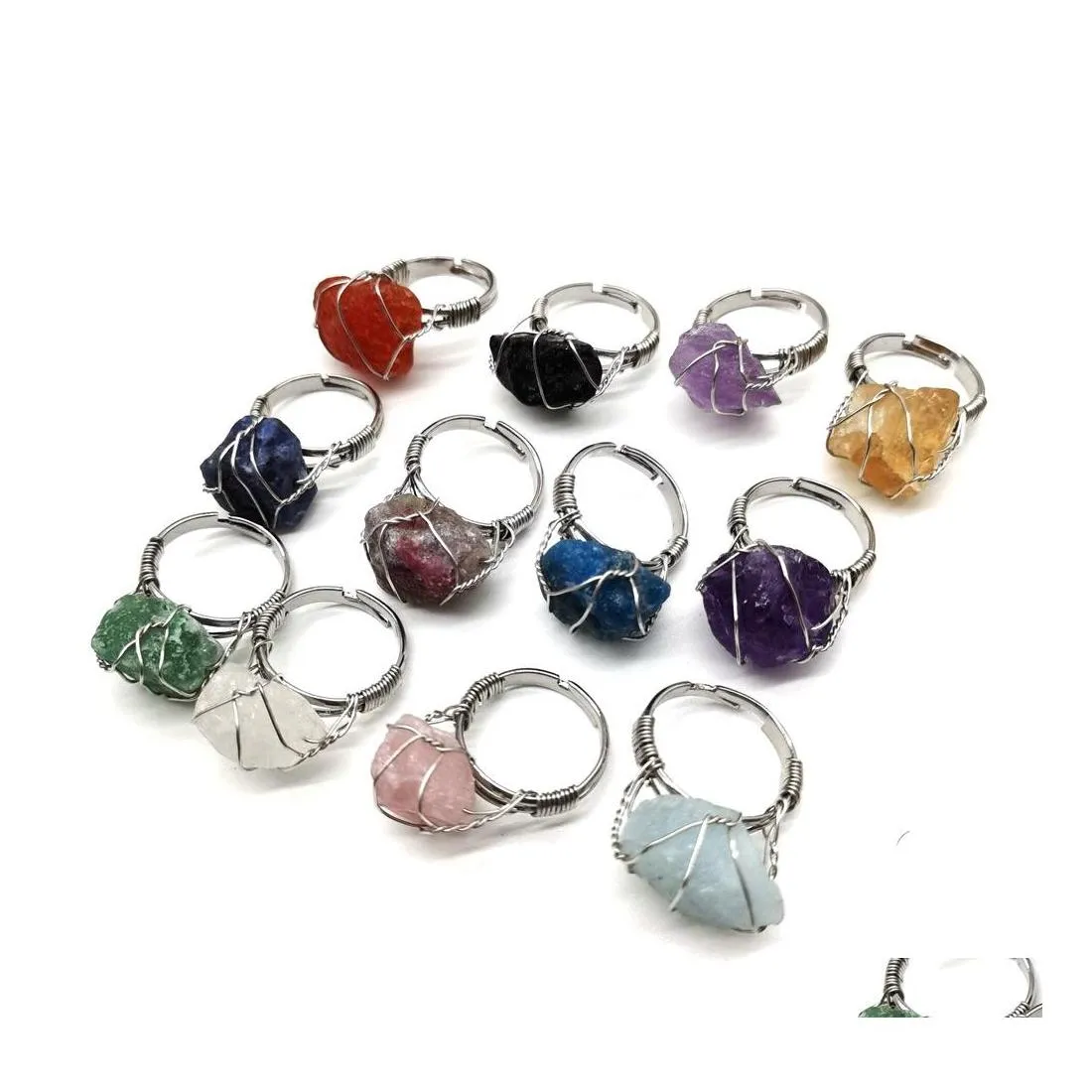 Solitaire Bague Fil Wrap Pierre Naturelle Anneaux Irregar Lapis Lazi Améthystes Oeil De Tigre Opale Rose Cristal Réglable Pour Les Femmes Bijoux D Dh7Ha