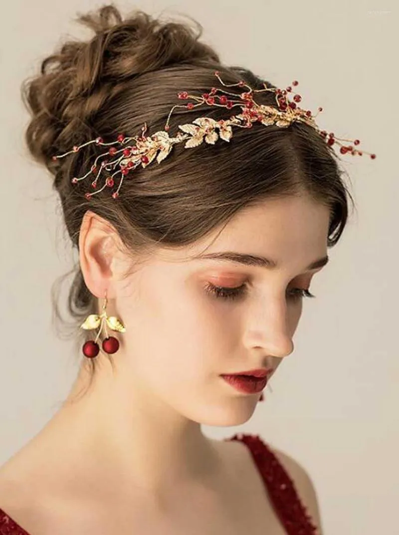 Kopfschmuck, Kristall, Hochzeit, rote Perlen, Blatt-Stirnband, Haarranke, Gold, Braut-Kopfschmuck, Blumen-Accessoires für Bräute, Brautjungfern