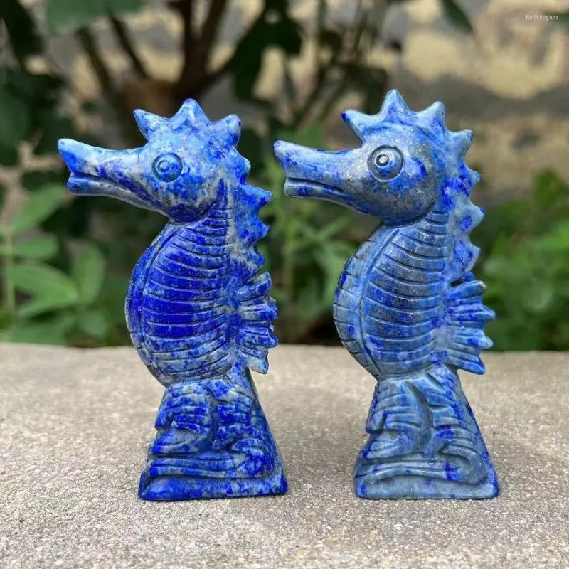 Dekoracyjne figurki 80 mm morski statua konia naturalny kamień szlachetny lazuli reiki leczenie kryształowy ręka rzeźbiona kamienna zwierzęcy dom dom