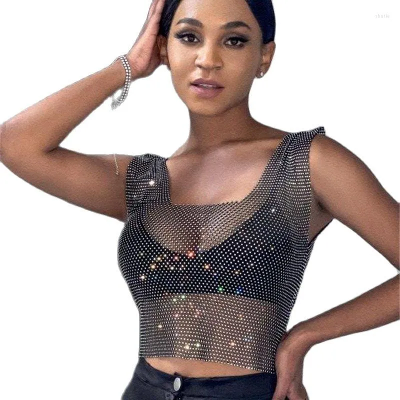 Damestanks Summer Glitter Rhinestone Push Up tanktops Mouwess Hollow Out Slim See Through Bodycon Luxury Diamond Crop Top voor vrouwen