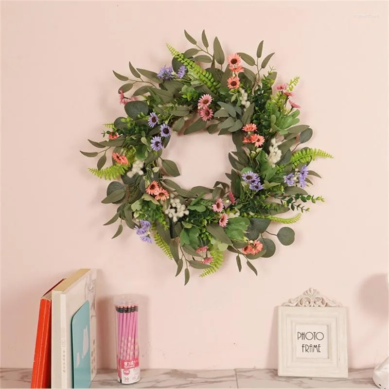 Dekorativa blommor Vårkrans för ytterdörren 20 "Daisy Eucalyptus Summer Wall Window Home Wedding Holiday Decoration Kxre