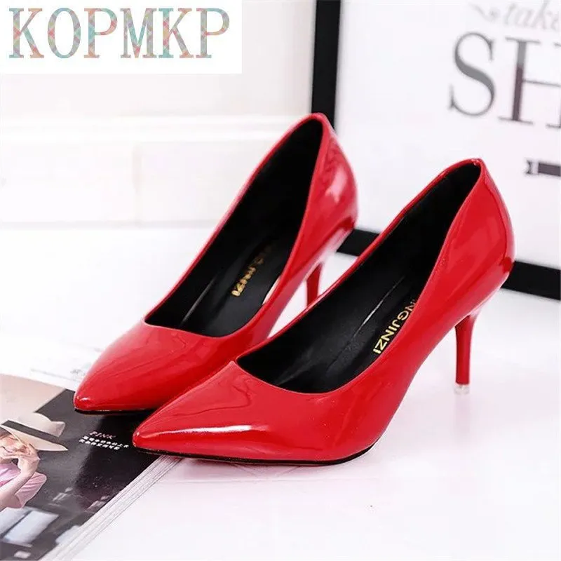 Chaussures habillées vente femmes bout pointu pompes en cuir verni robe rouge 8CM talons hauts bateau ombre mariage Zapatos Mujer 230220