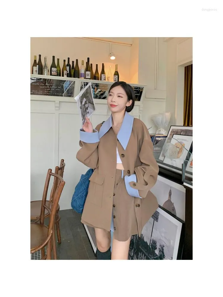 Work Dresses NiceMix Women Short Skirts Suit French Elegant Temperament Lapel Contrasting Color Blazer High Waist Slim Simple A-Line Skirt