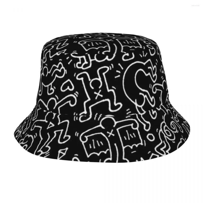 Berets czarny keith sztuka wiadra kapelusz kobiety mężczyźni unisex mody graffiti kolorowy letni rybak cap