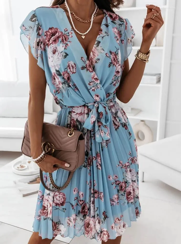 Party Dresses Sexy 2023 Floral Pleated Mini Spring Summer Clothes Dress For Women'S Vetement Femme Sukienka Sundress Vintage Casual