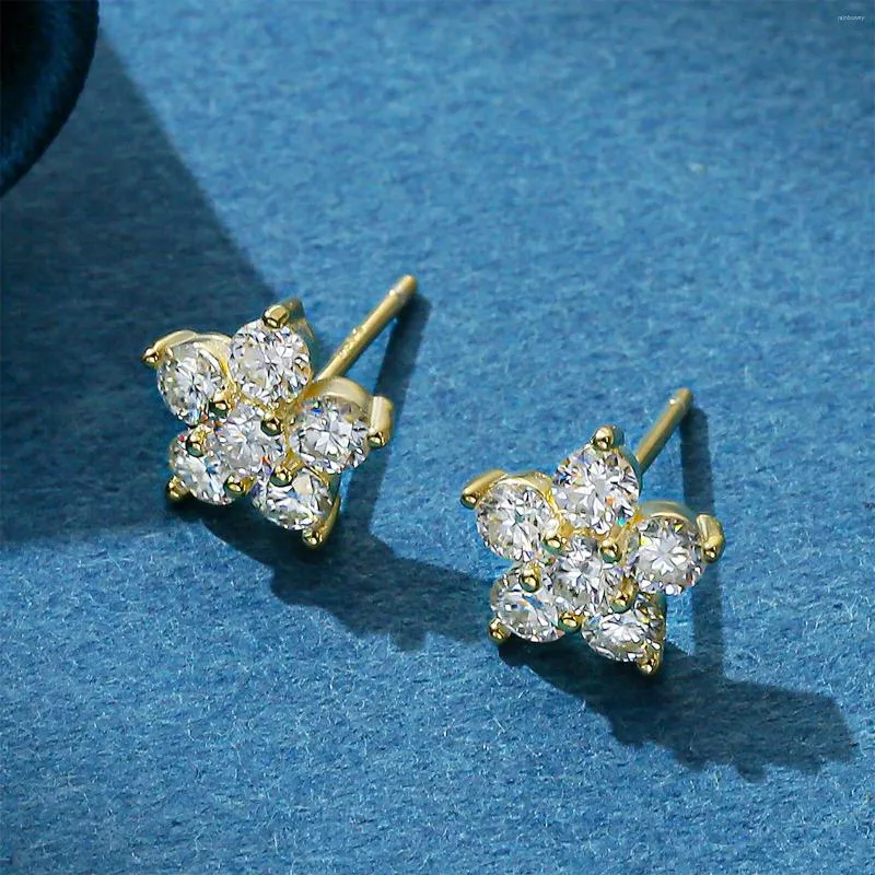 Kolczyki Dangle Moissanite 5 Płatkowe kwiaty białe złote kolczyki dla kobiet 925 Srebrny Diamentowy Diamentowy prezent