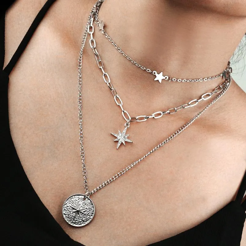 Chains Trendy All-match Diamond-Studded Six-pointed Star Disc Five-pointed Pendant Multi-layer NecklaceChains