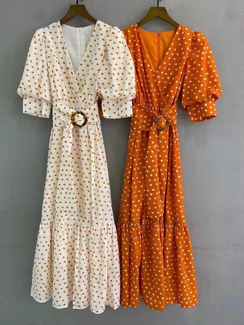 Casual Dresses Sexy V-Ausschnitt Langes Kleid 2023 Sommer Party Frauen Polka Dot Prints Ring Gürtel Deco Kurzarm Maxi Orange WhiteCasual