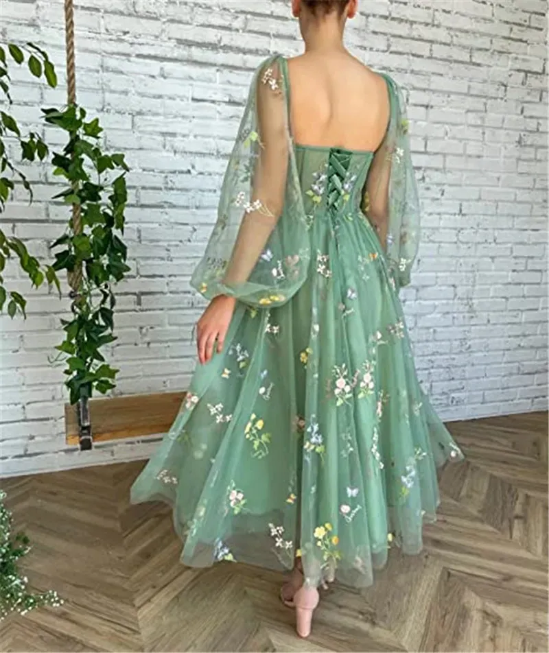 Summer Bohemian Green Long Party Dresses Sexy Scoop Neckline Backless A Line Women Tea Length Cocktail Casual Prom Evening Gowns CPS2018