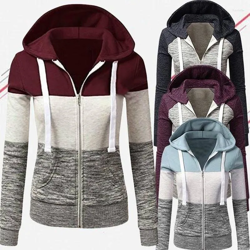 Sweats à capuche femme Vrouwen Patchwork sweat à capuche zippé Lente Herfst mince à capuche Jas Mode Lange Mouwen Koord poche sweats