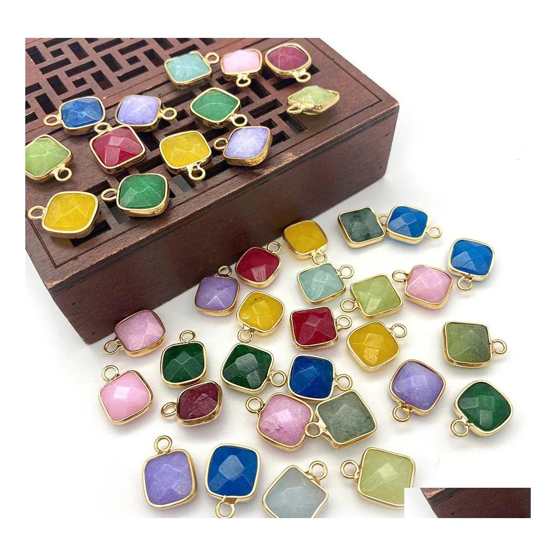 Charms 11X15Mm Gold Bunding Edge Square Natural Crystal Jade Stone Green Blue Quartz Pendants Trendy For Jewelry Making Jiaminstore Dhhrv