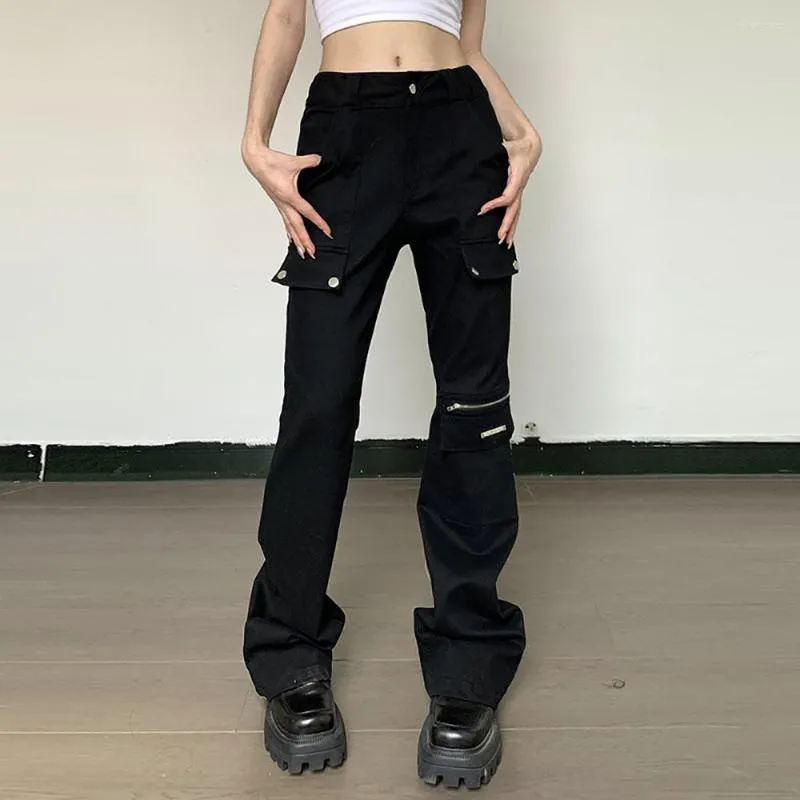 Kadın Pantolon Kadın Kargo Moda Trendi Çoklu Cepler Bootcut Hip Hop Zayıflama Sokak Giyim Punk Grunge Kadınlar İçin Gevşek