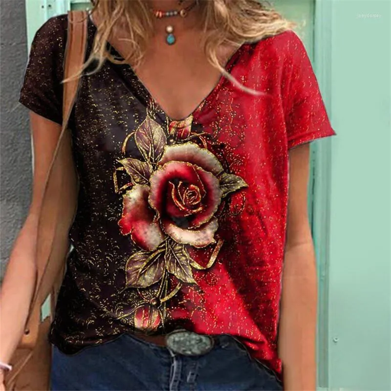 Dames t shirts rose t-shirts vrouwen zomer 3D bloem print v-neck short mouw tee casual losse oversized t-shirt y2k top