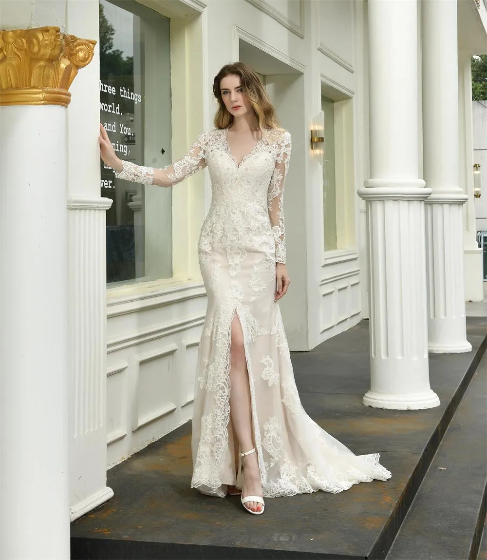 Abito da sposa a sirena sottile con paillettes Spacco frontale Nuovo abito V profondo lungo EN47394