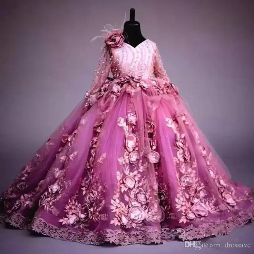 Mangas compridas Vestido de menina de flores FUCHSIA 3D FLORES PRINCESS VODO DE FESTO VESTIMENTO DE LUXO LUXO PARA VESTORES DE COMPRIMENTO FORMAL DE CASAMENTO BC1952