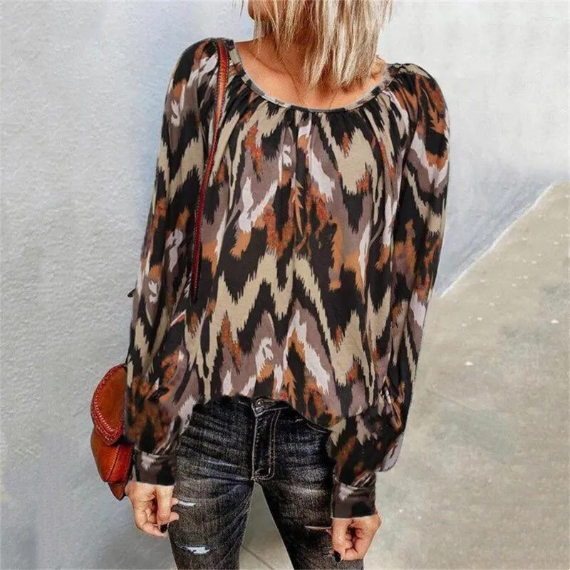 Women's T Shirts 2023 Autumn Winter Women O Neck Long-Sleeve Tie Dye Printing Pleated Casual T-Shirts Top Loose Vintage Fashion